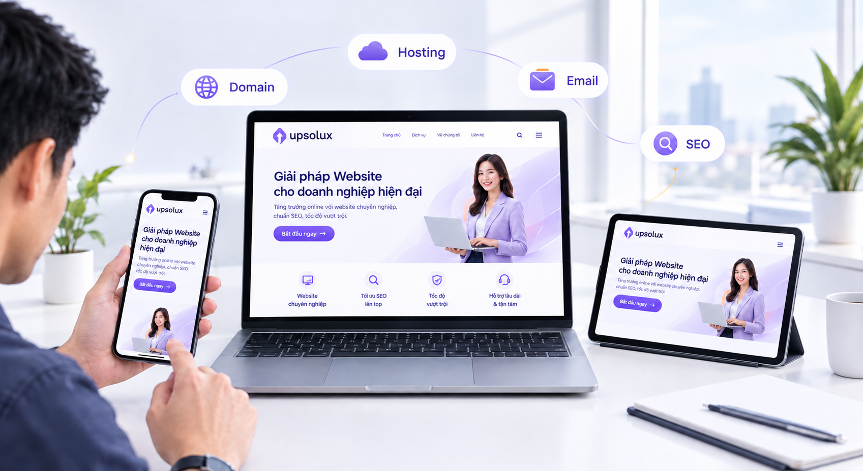 Upsolux thiết kế website miễn phí kèm domain, hosting, email và SEO trên mọi thiết bị